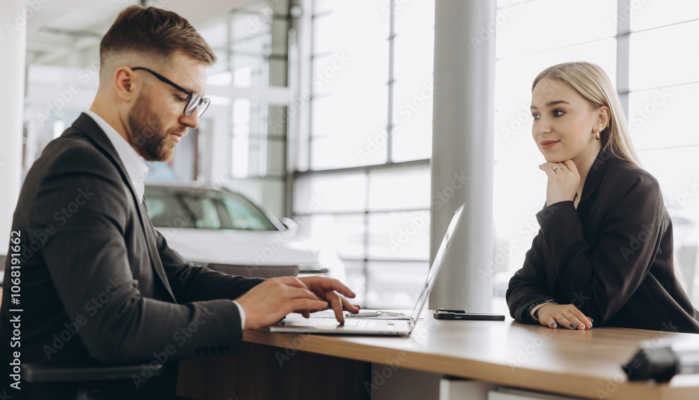 Smiling happy male manager car salesman in car dealership signing contract at table with female buyer in suit