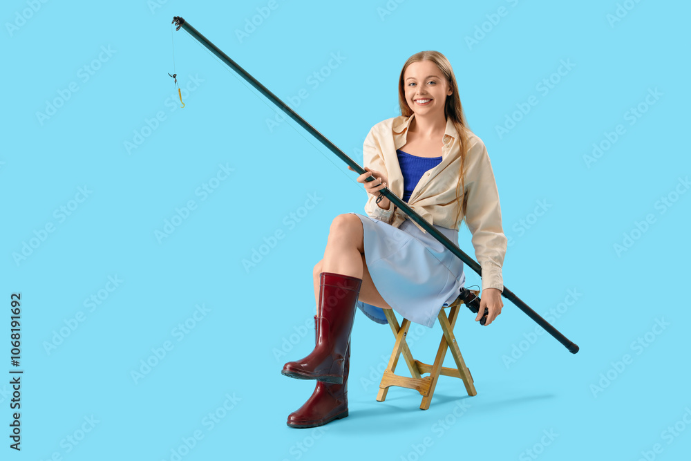 Happy young woman with fishing rod sitting on stool against blue background