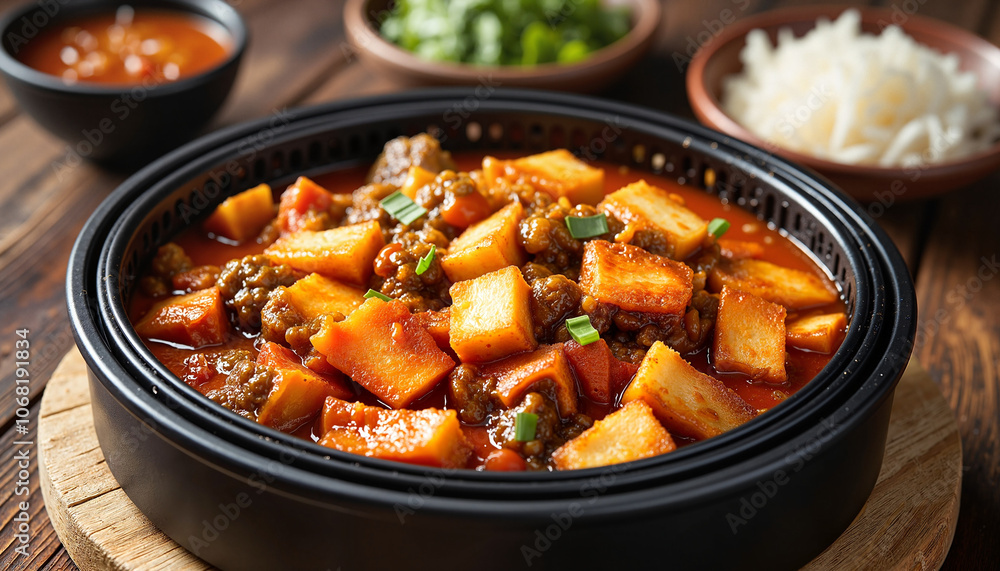 Hearty beef and potato stew in black bowl Hearty beef and potato stew in black bowl