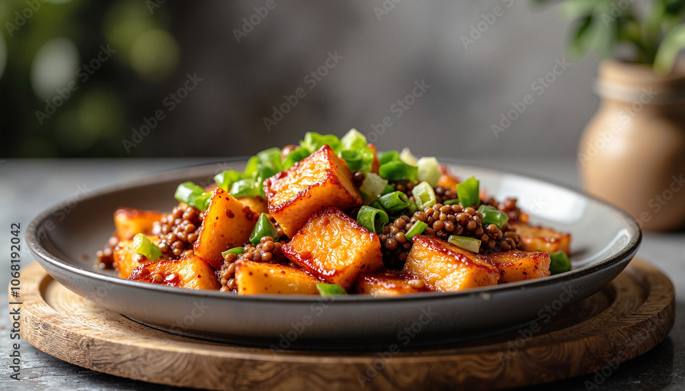 Spicy butternut squash and lentil dish on rustic plate Spicy butternut squash and lentil dish on rustic plate
