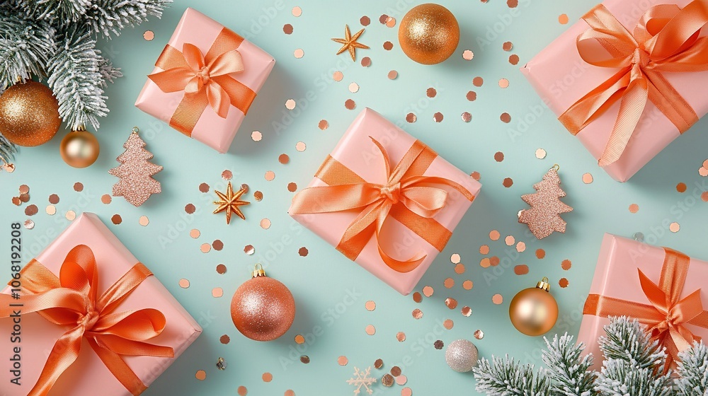 Magical Christmas Scene: Top-down view of artfully wrapped gift boxes with orange satin ribbons, complemented by chic tree ornaments, golden balls, sparkling snowflakes, confetti on pastel background Magical Christmas Scene: Top-down view of artfully wrapped gift boxes with orange satin ribbons, complemented by chic tree ornaments, golden balls, sparkling snowflakes, confetti on pastel background