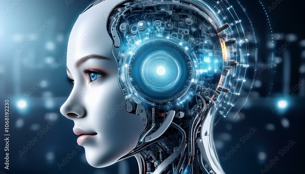 Futuristic Robot Head with Advanced Mechanical and AI Details Futuristic Robot Head with Advanced Mechanical and AI Details