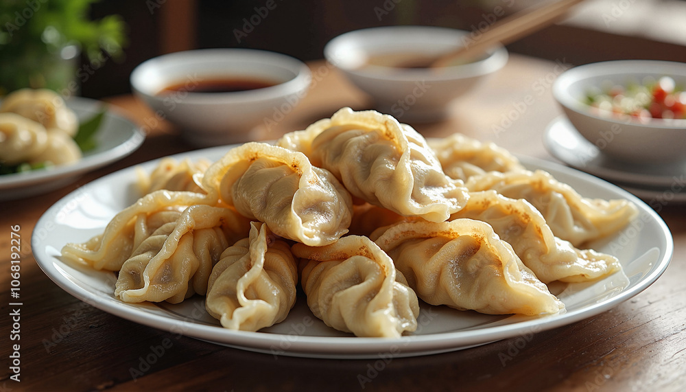 Steamed dumplings on white plate with dipping sauces Steamed dumplings on white plate with dipping sauces