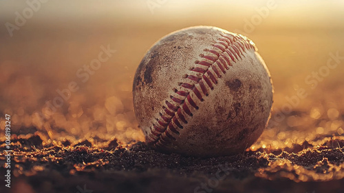 Old Scuffed Baseball on Soft Earth Ground photo