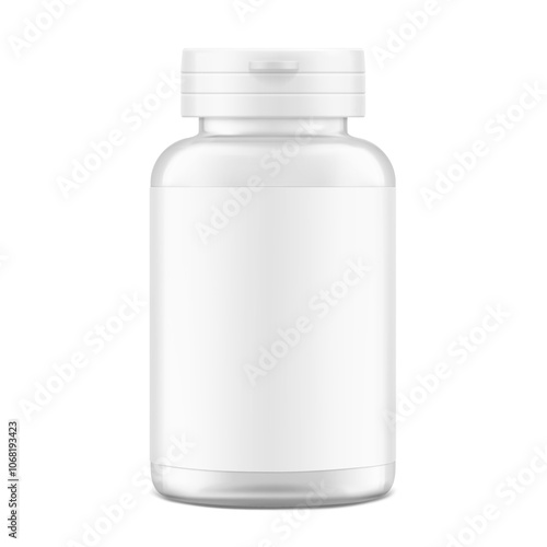 White plastic bottle container with snap-hinge cap. Vector illustration isolated on white background. Front view. Mockup perfect show your product with tamper evident push-on hinged cap. EPS10.