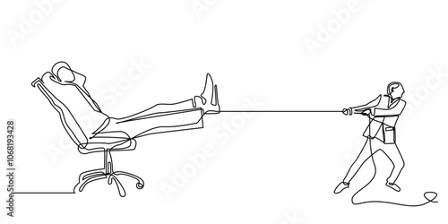 continuous line drawing of office worker pulling the boss sitting on a chair.one line drawing of businessman pulling the boss with a rope.single line vector illustration of job challenges