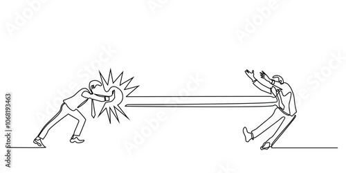 office employee unleashes force and attacks friend.office worker angry with coworker.office problem.continuous line drawing.single line vector illustration