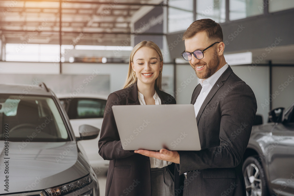 Portrait of two workers with laptop inside car showroom Portrait of two workers with laptop inside car showroom