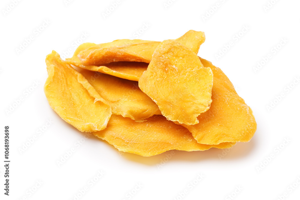 Many slices of tasty dried mango on white background Many slices of tasty dried mango on white background