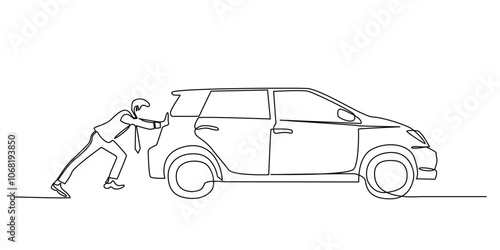 continuous line drawing of businessman pushing a car.one line drawing of business man in suit pushing broken down car.single line vector illustration.isolated white background