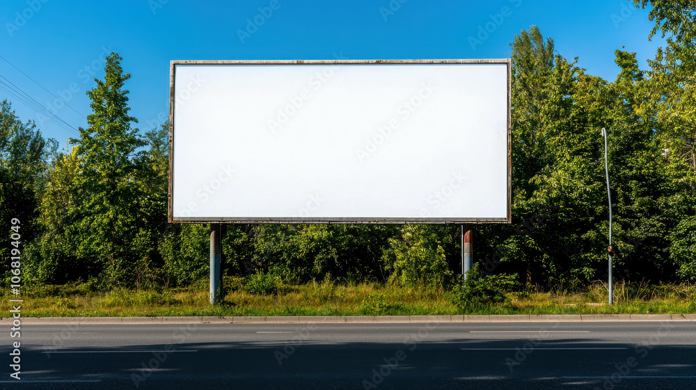 Blank Billboard on Suburban Road Near Forested Area Blank Billboard on Suburban Road Near Forested Area