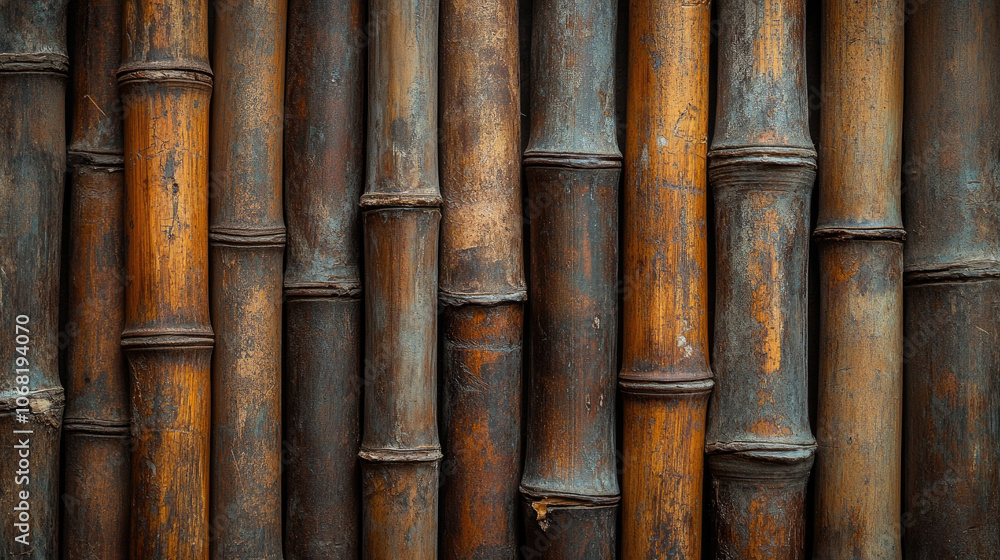 Close-up of bamboo stalks arranged vertically with textured overlapping lines in shades of green and brown. Close-up of bamboo stalks arranged vertically with textured overlapping lines in shades of green and brown.