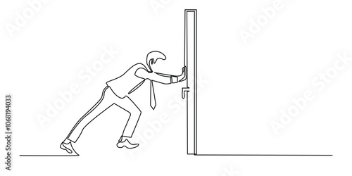 one continuous line drawing of businessman pushing the door.one line drawing of business man in suit getting job challenge.single line vector illustration.isolated white background