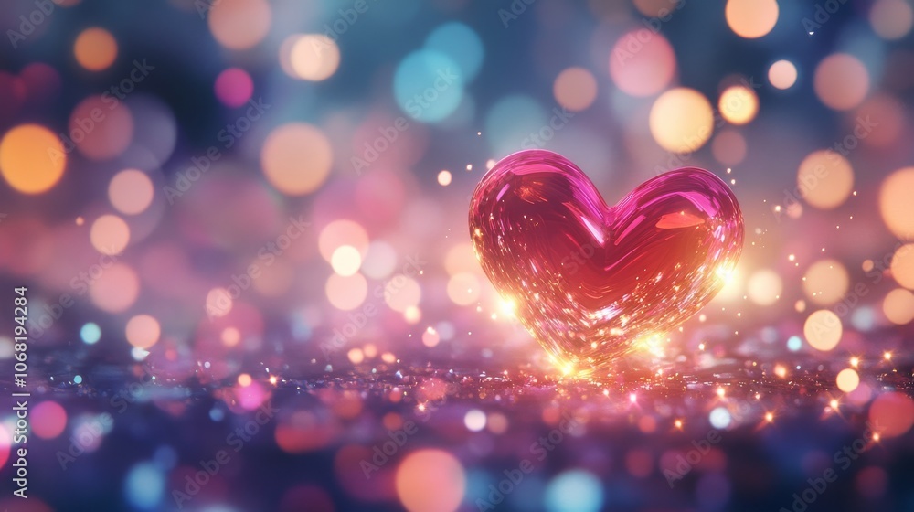 A radiant pink heart resting on a surface, surrounded by a dazzling bokeh background of multicolored lights, evoking warmth and affection. A radiant pink heart resting on a surface, surrounded by a dazzling bokeh background of multicolored lights, evoking warmth and affection.