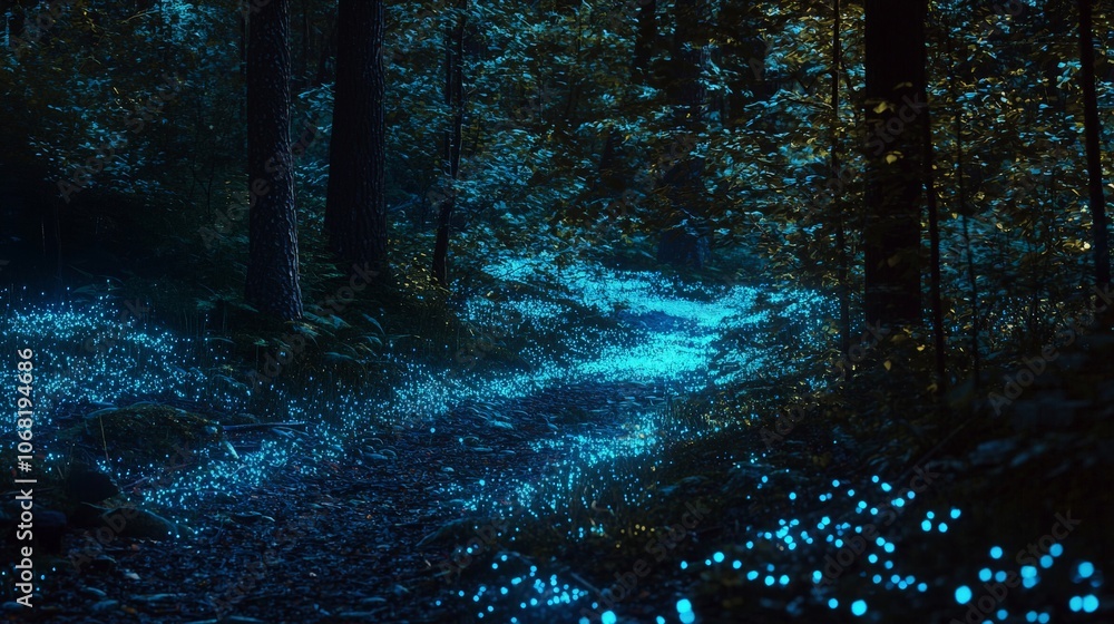 Unexpected scene of a forest with glowing, bioluminescent plants Unexpected scene of a forest with glowing, bioluminescent plants