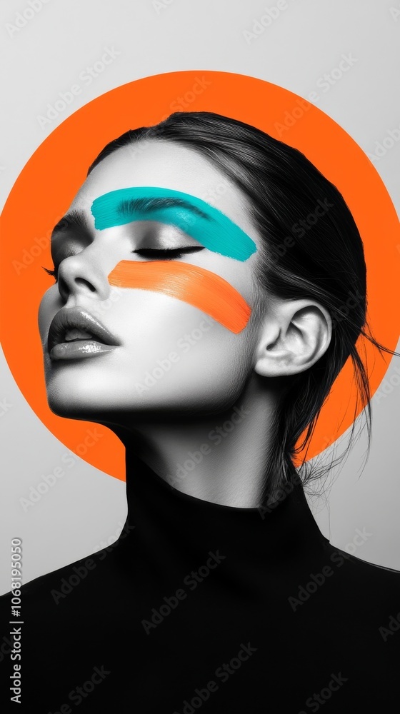 A grayscale side profile of a woman with blue and orange paint accents across her face, enhanced by a vivid orange circle in the background for striking impact.
