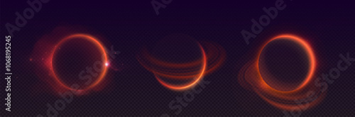 Solar eclipse stages with glowing red ring on dark backdrop. Fiery circles show total, partial and annular phases. Swirling dust particles ethereal cosmic atmosphere. Realistic 3d astronomy phenomenon