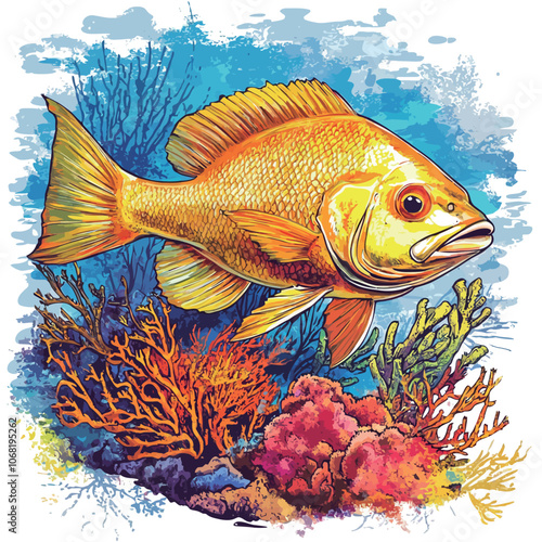 Colorful vector illustration of a tropical fish on a coral reef. 