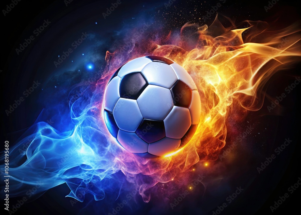 Naklejka premium Dynamic Silhouette of a Soccer Ball with Fiery Effects in Orange, Blue, and Purple Hues