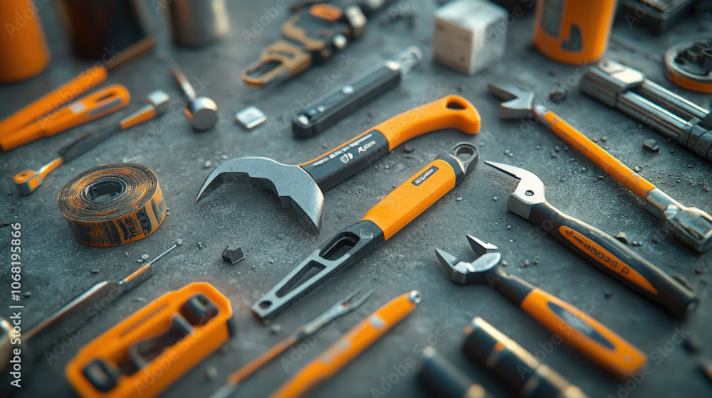 Fototapeta premium Various Hand Tools Flat Lay on Blue Background