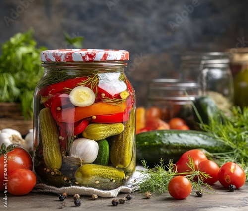 An elegant jar packed with pickled vegetables, herbs, and spices, exuding rustic charm and vibrant colors on a kitchen table, ideal for a culinary enthusiast. photo