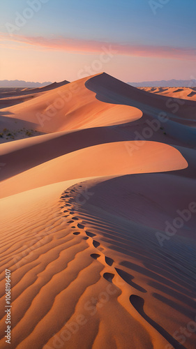 illustration style of A vast desert landscape with rolling sand dunes bathed photo