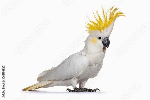 yellow-crested cockatoo (Cacatua sulphurea) isolated on white background. also known as the lesser sulphur-crested cockatoo, is a medium-sized cockatoo with white plumage, bluish-white bare orbital sk photo