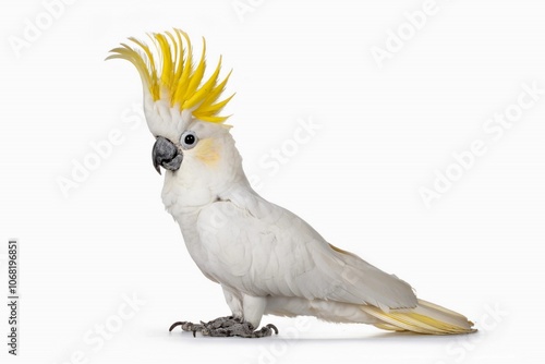 yellow-crested cockatoo (Cacatua sulphurea) isolated on white background. also known as the lesser sulphur-crested cockatoo, is a medium-sized cockatoo with white plumage, bluish-white bare orbital sk photo