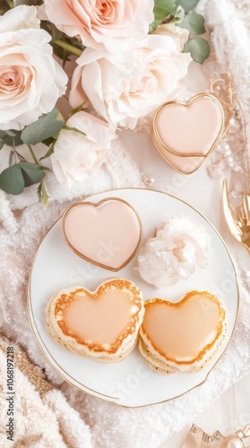 Charming heart-shaped desserts and pink roses sit elegantly on a fine plate, their colors and shapes creating a delicate, classy presentation for special moments.