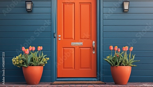 Energetic orange front door and tulips, ideal for lively curb appeal.