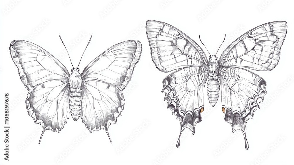 Fototapeta premium Detailed anatomical illustration of butterfly metamorphosis stages, precise linework, botanical drawing style, clean white background, labeled specimen