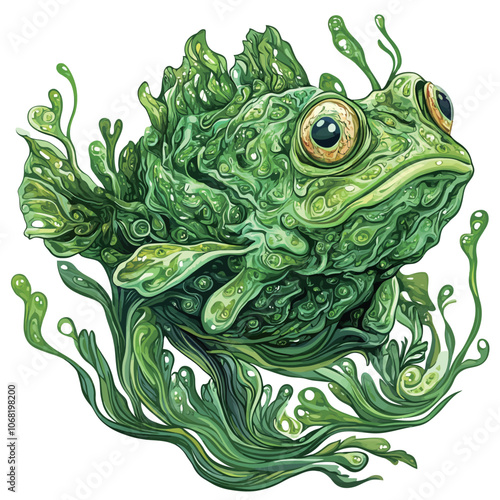 Frog with green algae isolated on white background. Vector illustration. 