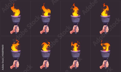 Torch fire sprite for game. Flame frame sequence cartoon vector set. Bonfire fx loop animation asset kit. Medieval magic burn sheet for video with ancient olympic stick. Old lamp in hand storyboard