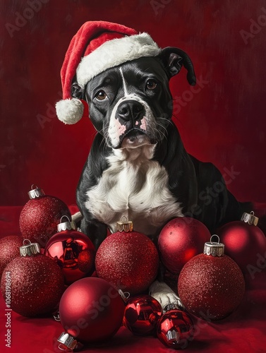 Perros disfrazados de papa Noel posando a cÃ¡mara. Bolas de navidad rojas en el suelo con fondo rojo. photo