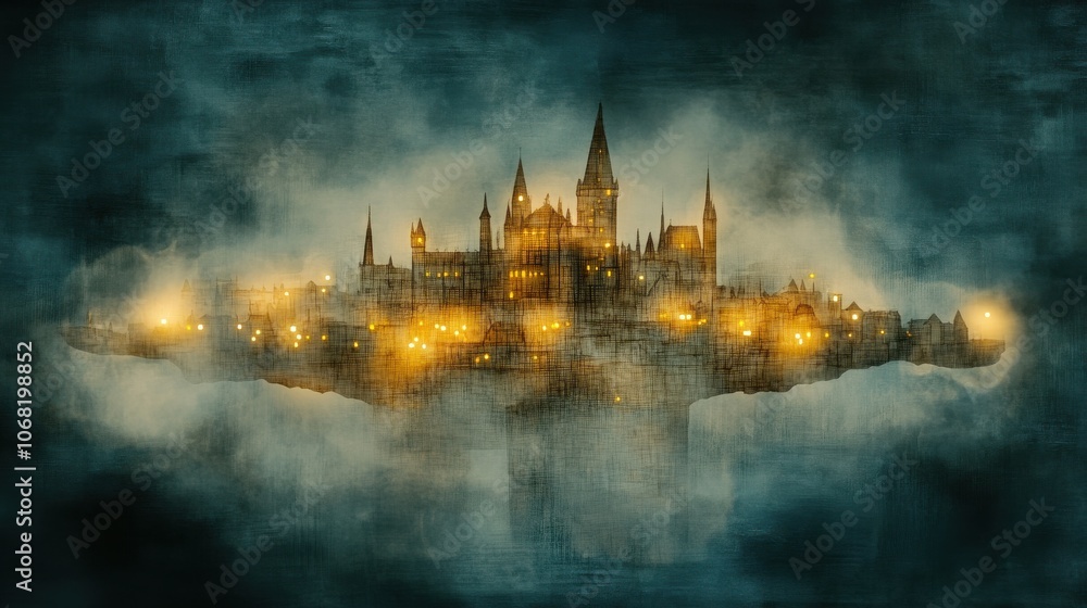 Fototapeta premium Explore the enchanted floating city illuminated by mystical lights in a dreamlike landscape