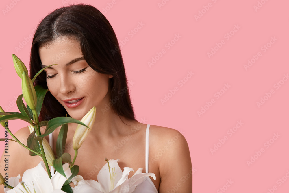 Beautiful young woman with white lily flowers on pink background, closeup Beautiful young woman with white lily flowers on pink background, closeup