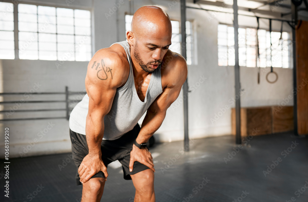 Obraz premium Breathing, rest and fitness with African man on break from training, workout and exercise in gym. Sweating, health and wellness club with tired athlete and fatigue from endurance with recovery