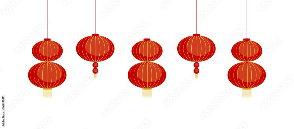 Fototapeta premium Chinese new year red lanterns. Traditional сhinese holiday decoration. Vector elements for design of banner, greeting card, decor.