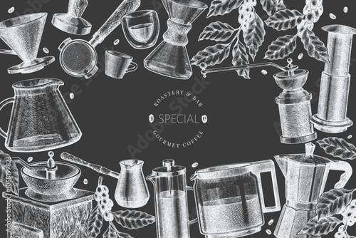 Alternative Coffee Makers Chalk Board Illustration. Vector Hand Drawn Specialty Coffee Equipment Banner. Vintage Style Coffee Bar Design