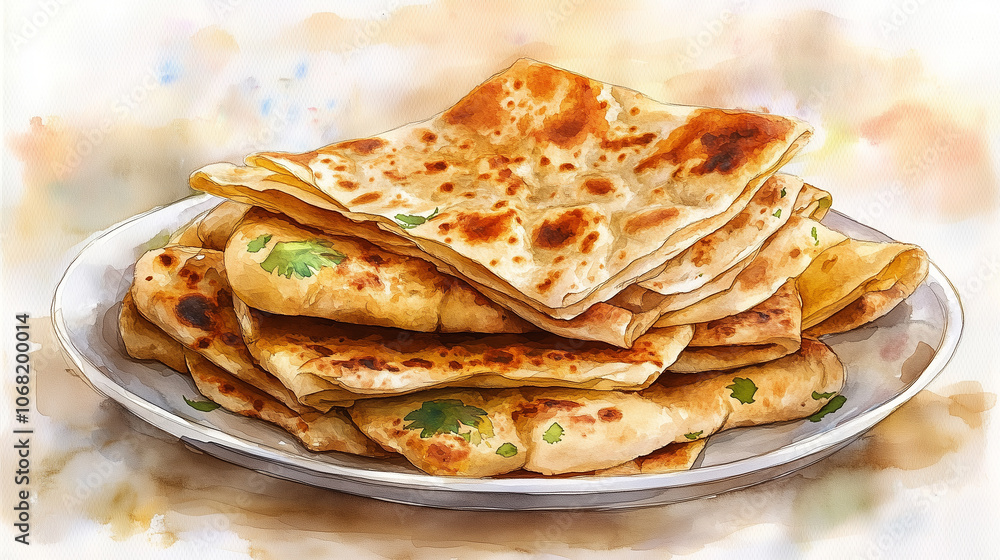 A plate of mixed Indian breads like naan, roti, and paratha, stacked together in watercolor, with a soft warm background A plate of mixed Indian breads like naan, roti, and paratha, stacked together in watercolor, with a soft warm background