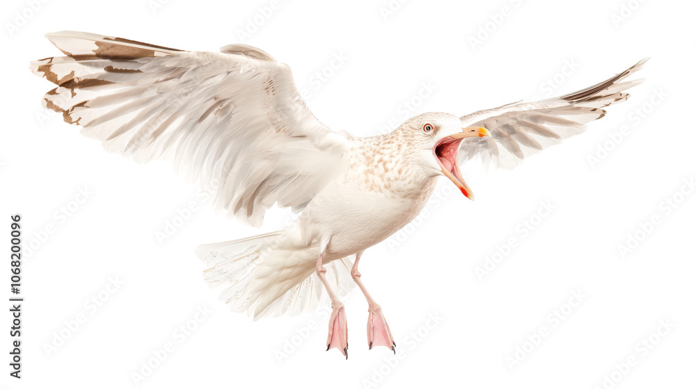 Obraz premium Seagull soars through the air with outstretched wings and open beak