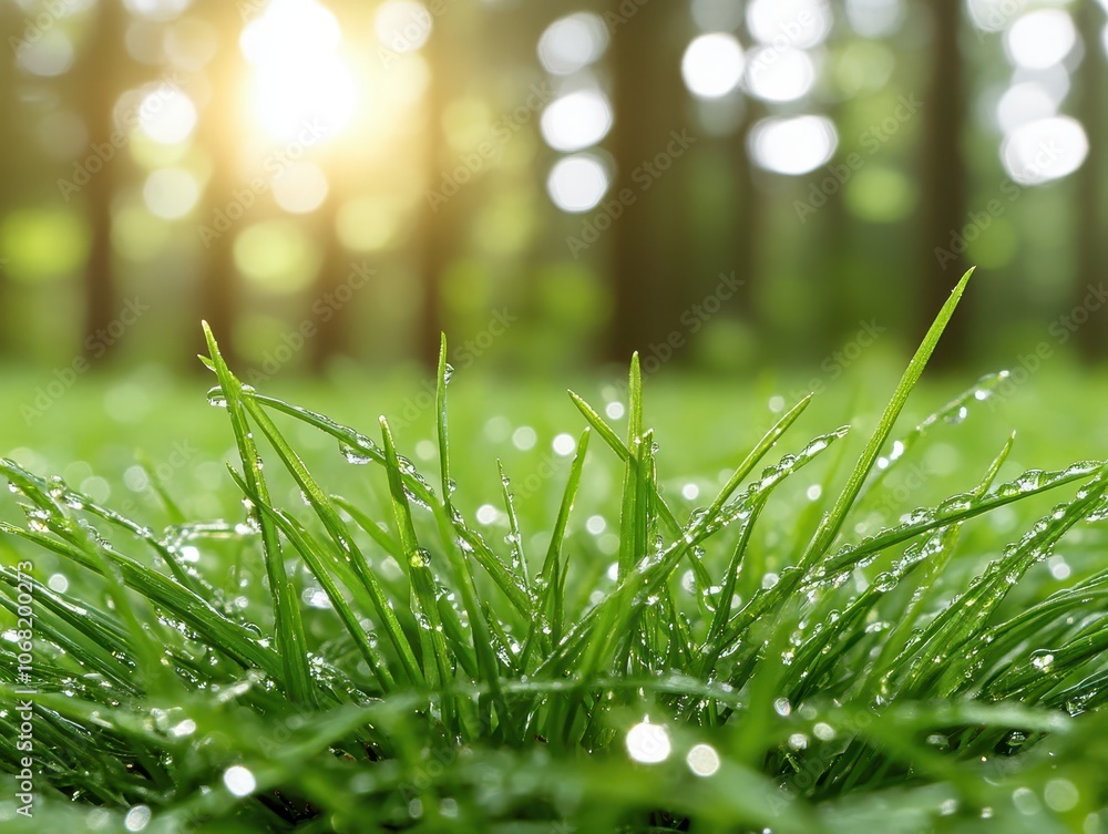 Fototapeta premium Fresh dewy grass in sunlight with a blurred forest background.