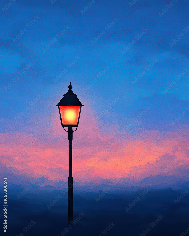 Watercolor Painting of Glowing lamp against deep blue sky, A solitary street lamp illuminates the twilight sky, casting a warm glow against the fading colors of dusk. Watercolor Painting of Glowing lamp against deep blue sky, A solitary street lamp illuminates the twilight sky, casting a warm glow against the fading colors of dusk.