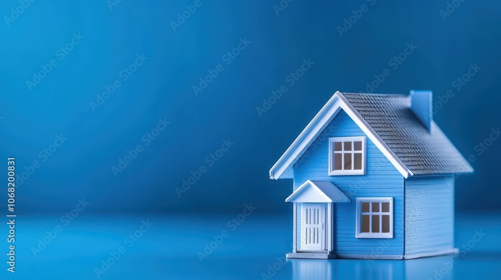 Minimalist serenity, small blue house against vibrant blue backdrop creating striking visual contrast Minimalist serenity, small blue house against vibrant blue backdrop creating striking visual contrast