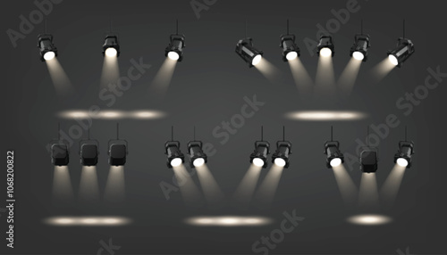 Concert spotlight. Studio spot light beam for show stage vector. White bright theater projector for party set. 3d gallery or club illumination on empty space. Realistic advertising equipment effect