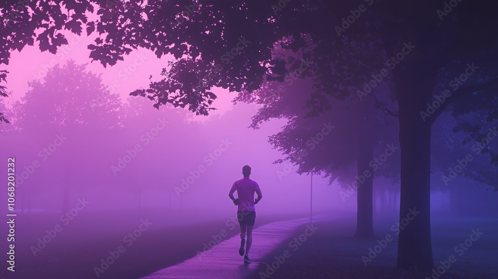 A serene morning jog a man with a walkman embracing the misty dawn in nature's embrace A serene morning jog a man with a walkman embracing the misty dawn in nature's embrace