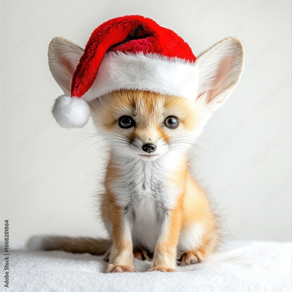 Adorable baby fennec fox with enormous ears wearing santa hat in desert setting for an enchanting holiday spirit Adorable baby fennec fox with enormous ears wearing santa hat in desert setting for an enchanting holiday spirit