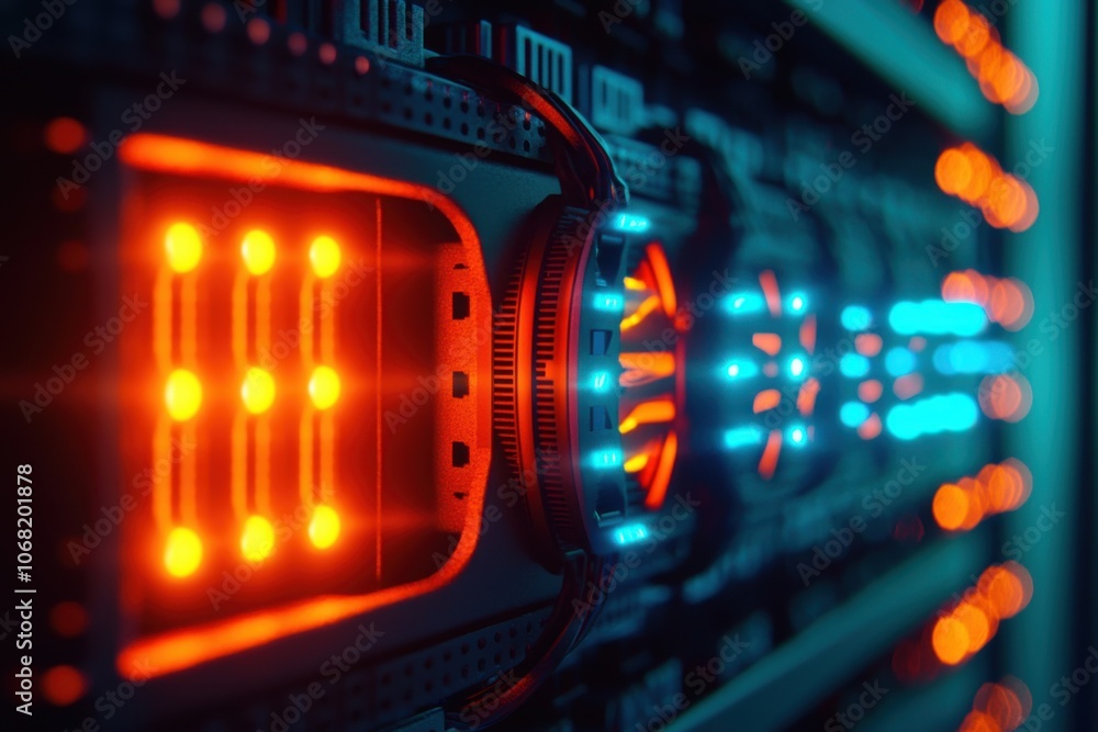 A close-up view of a server rack with illuminated components, showcasing the technology used in data storage and processing. A close-up view of a server rack with illuminated components, showcasing the technology used in data storage and processing.