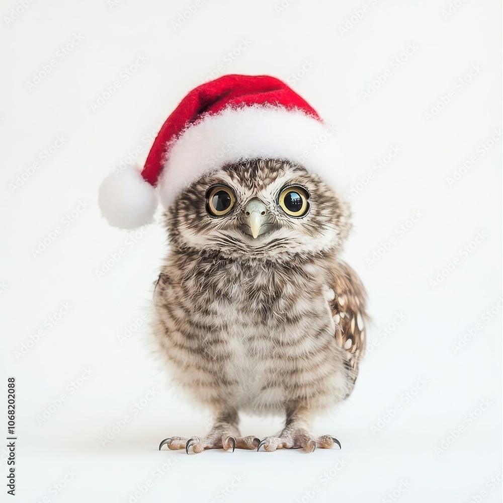 Adorable baby owl in tiny santa hat with enormous golden eyes and fluffy feathers for holiday cheer Adorable baby owl in tiny santa hat with enormous golden eyes and fluffy feathers for holiday cheer