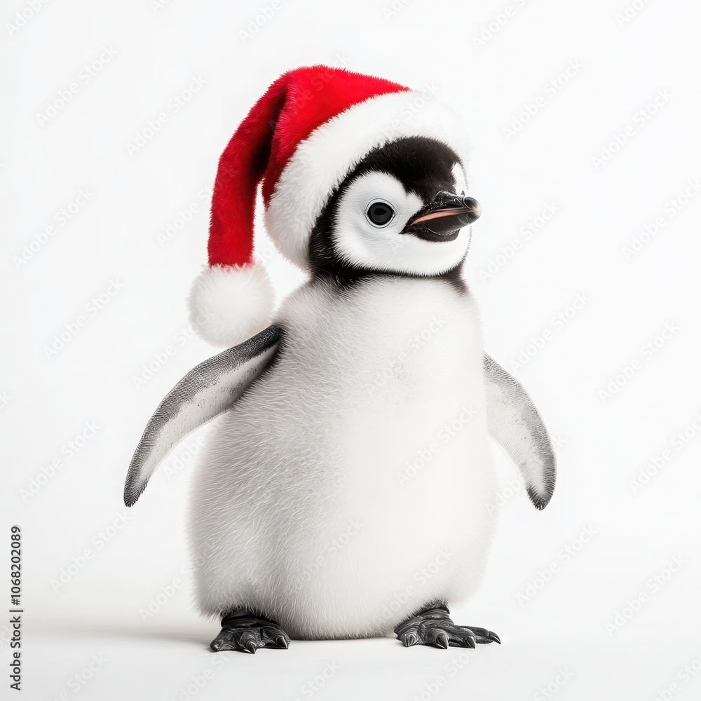 Fototapeta premium Joyful baby penguin in a tilted santa hat waddling happily with fluffy feathers to celebrate the holidays